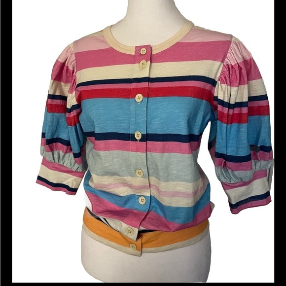 Anthropologie Plenty By Tracy Reese Striped Button Down Pouf Sleeve 100% Cotton - Picture 1 of 6